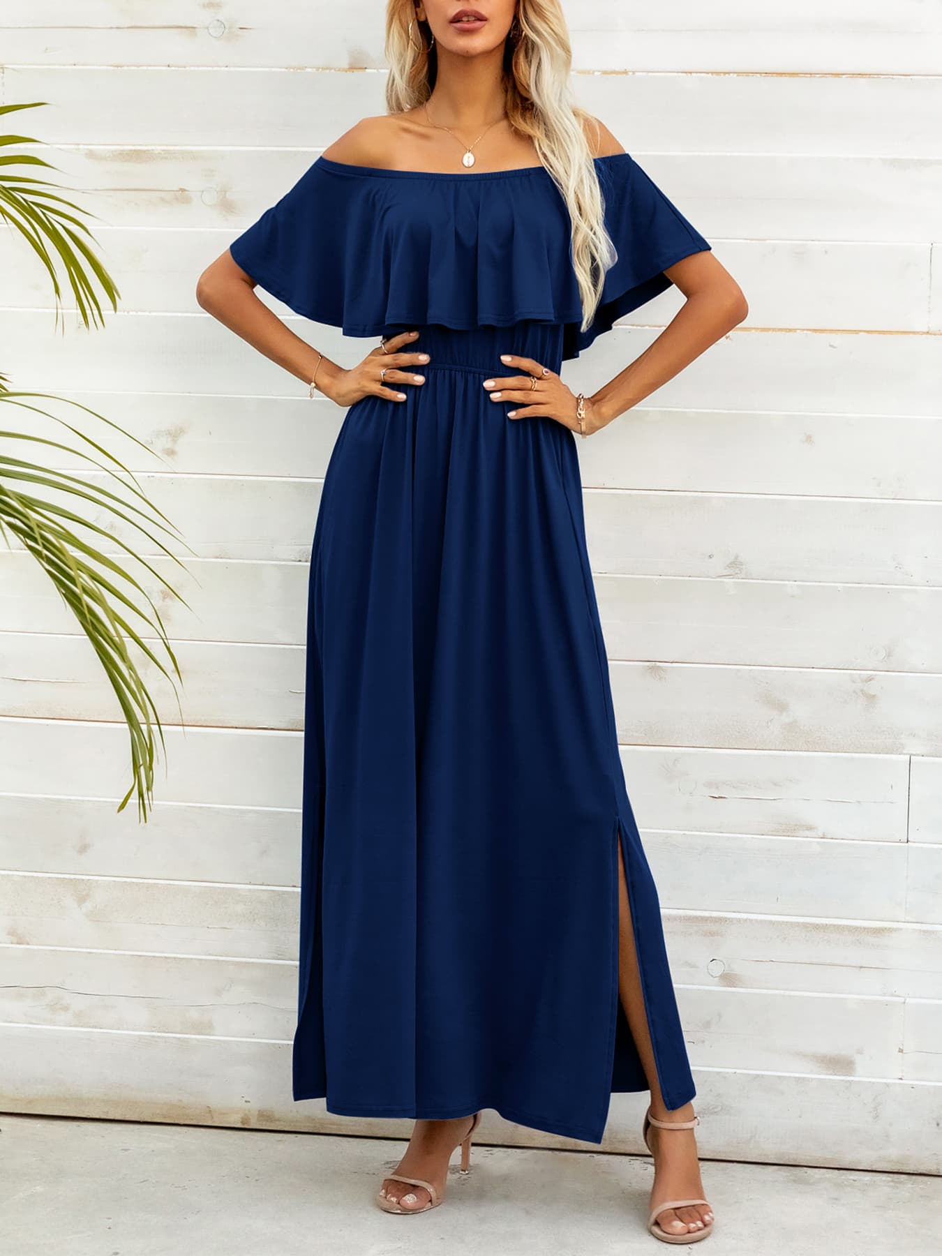 Off-Shoulder Slit Maxi Dress-Pimamour