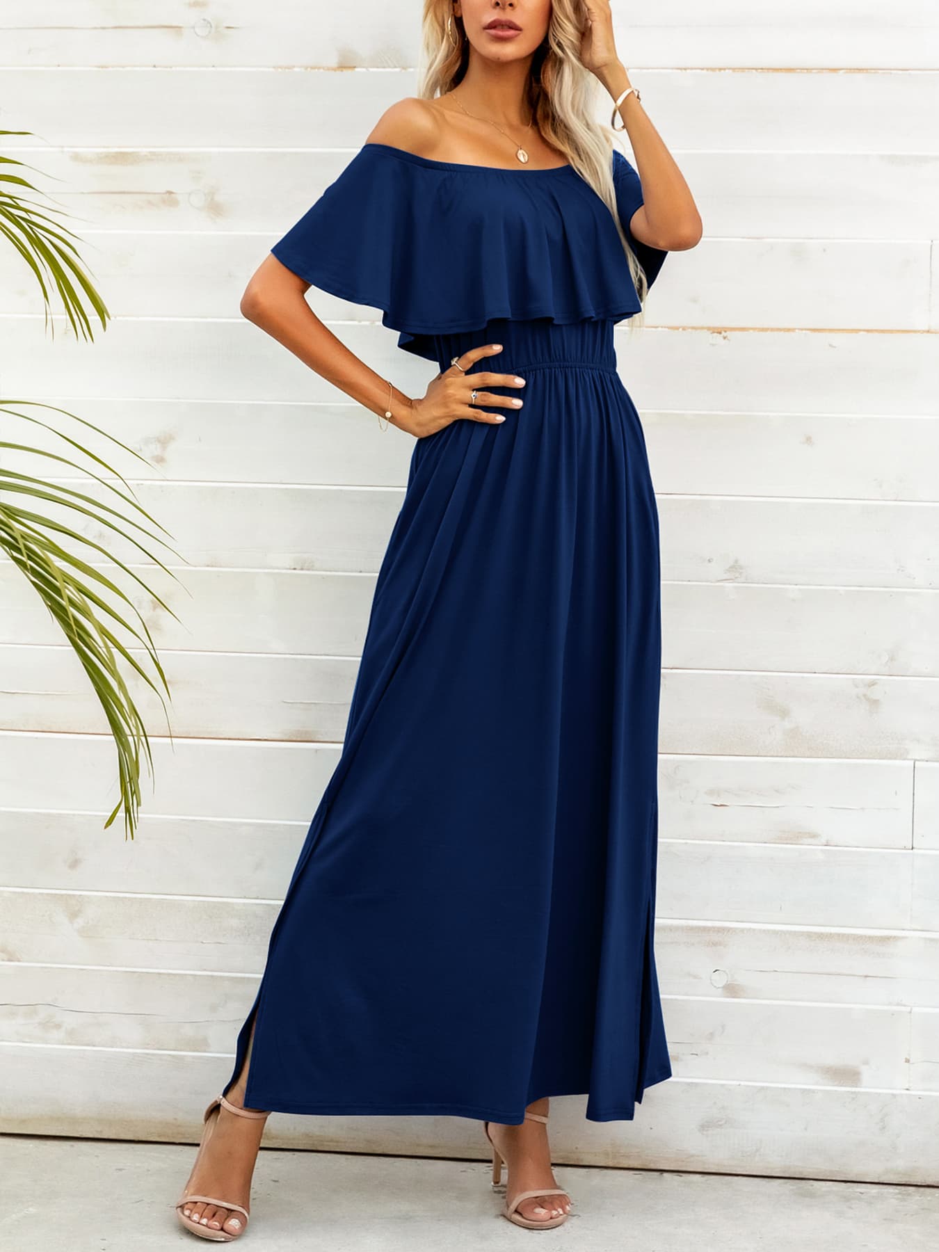 Off-Shoulder Slit Maxi Dress-Pimamour