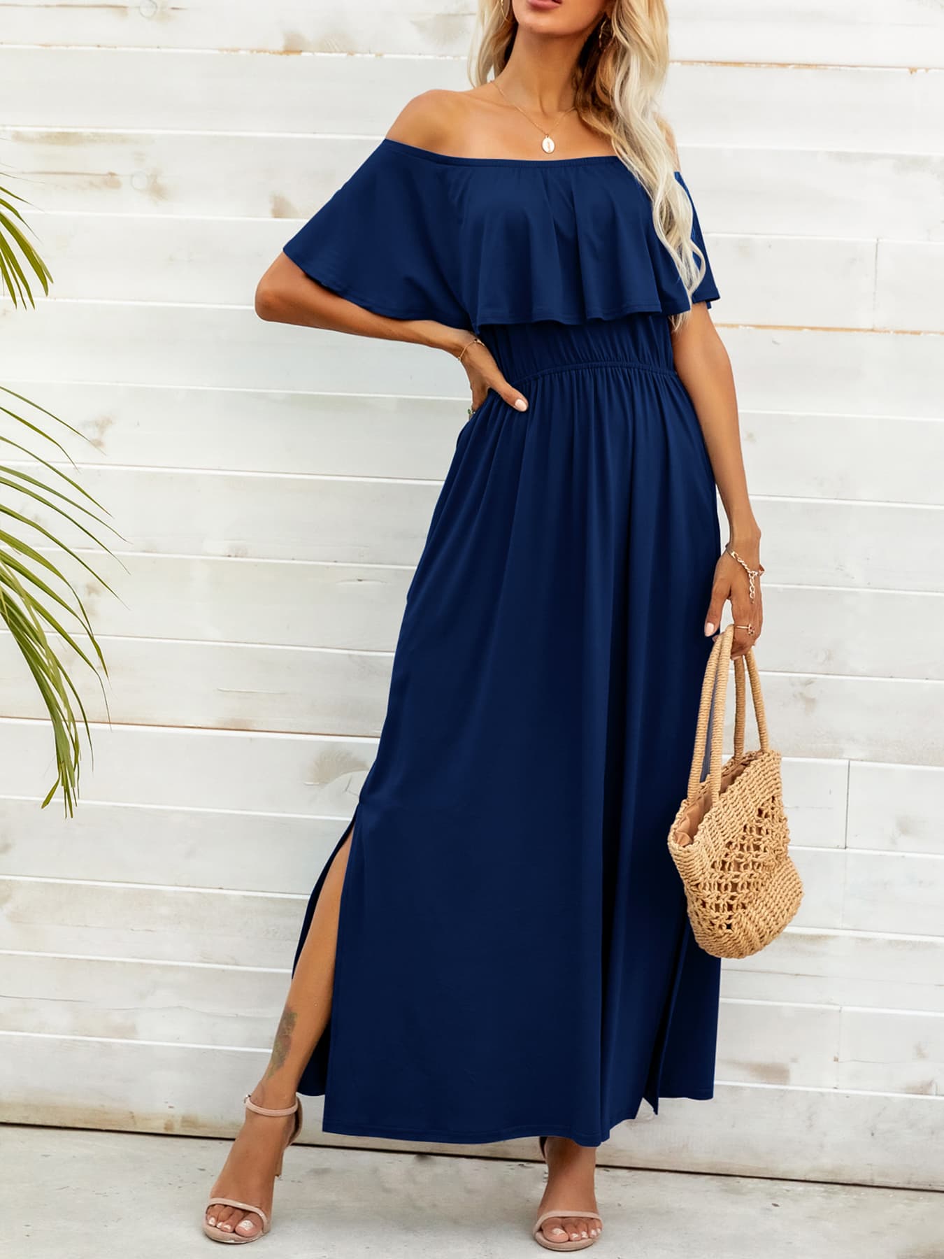 Off-Shoulder Slit Maxi Dress-Pimamour