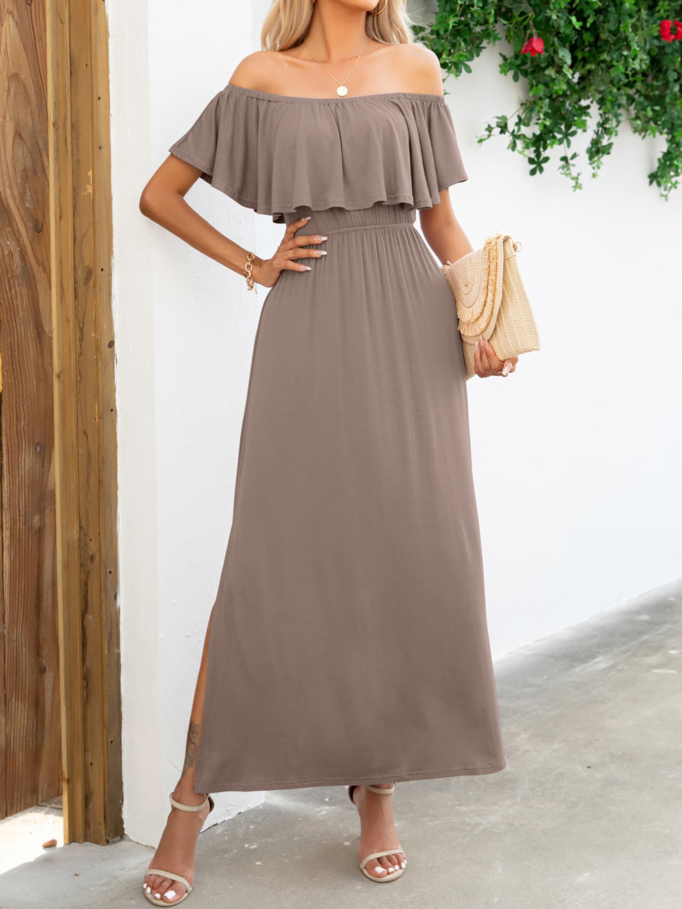 Off-Shoulder Slit Maxi Dress-Pimamour