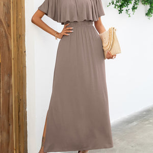 Off-Shoulder Slit Maxi Dress-Pimamour