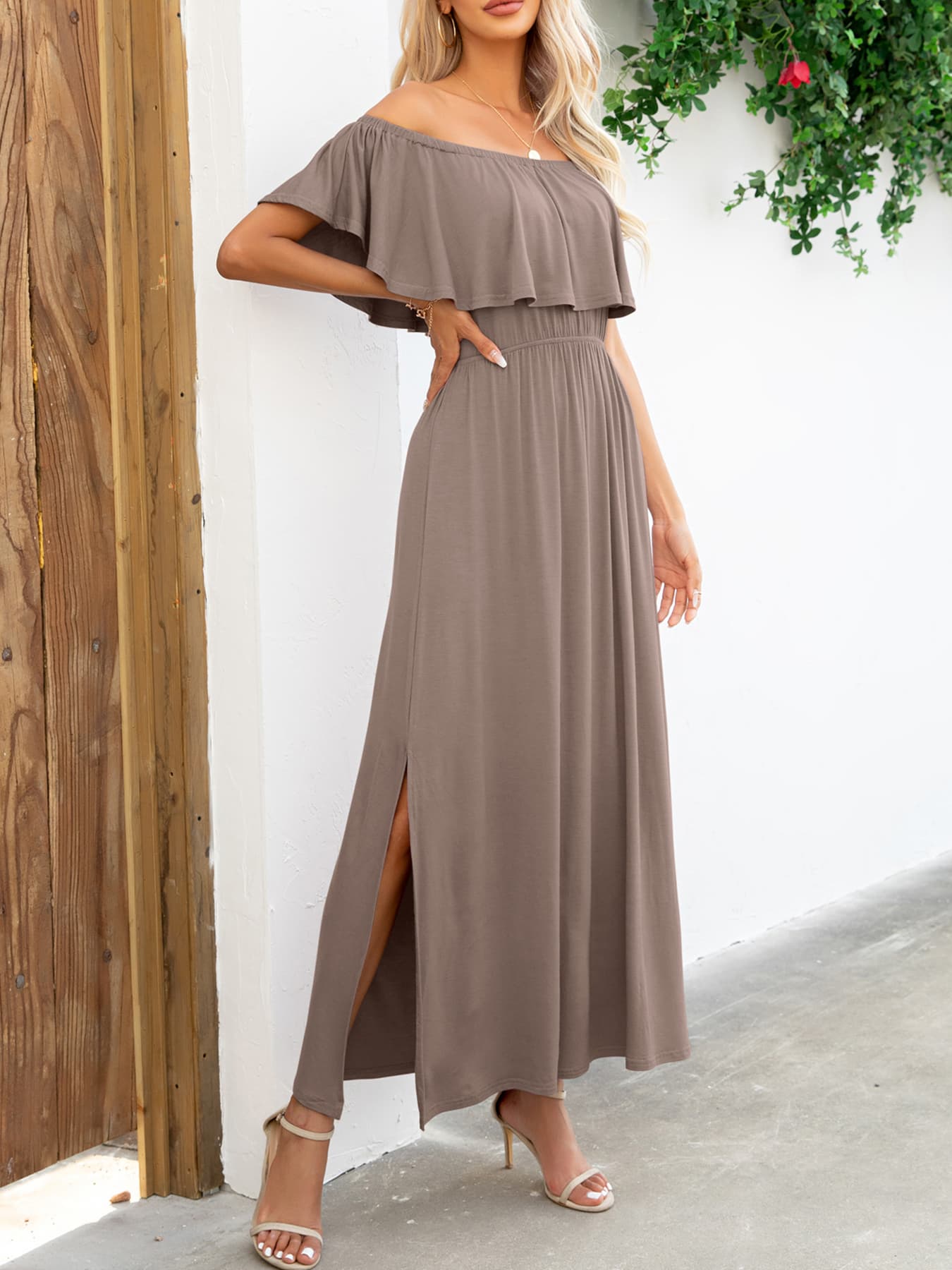 Off-Shoulder Slit Maxi Dress-Pimamour