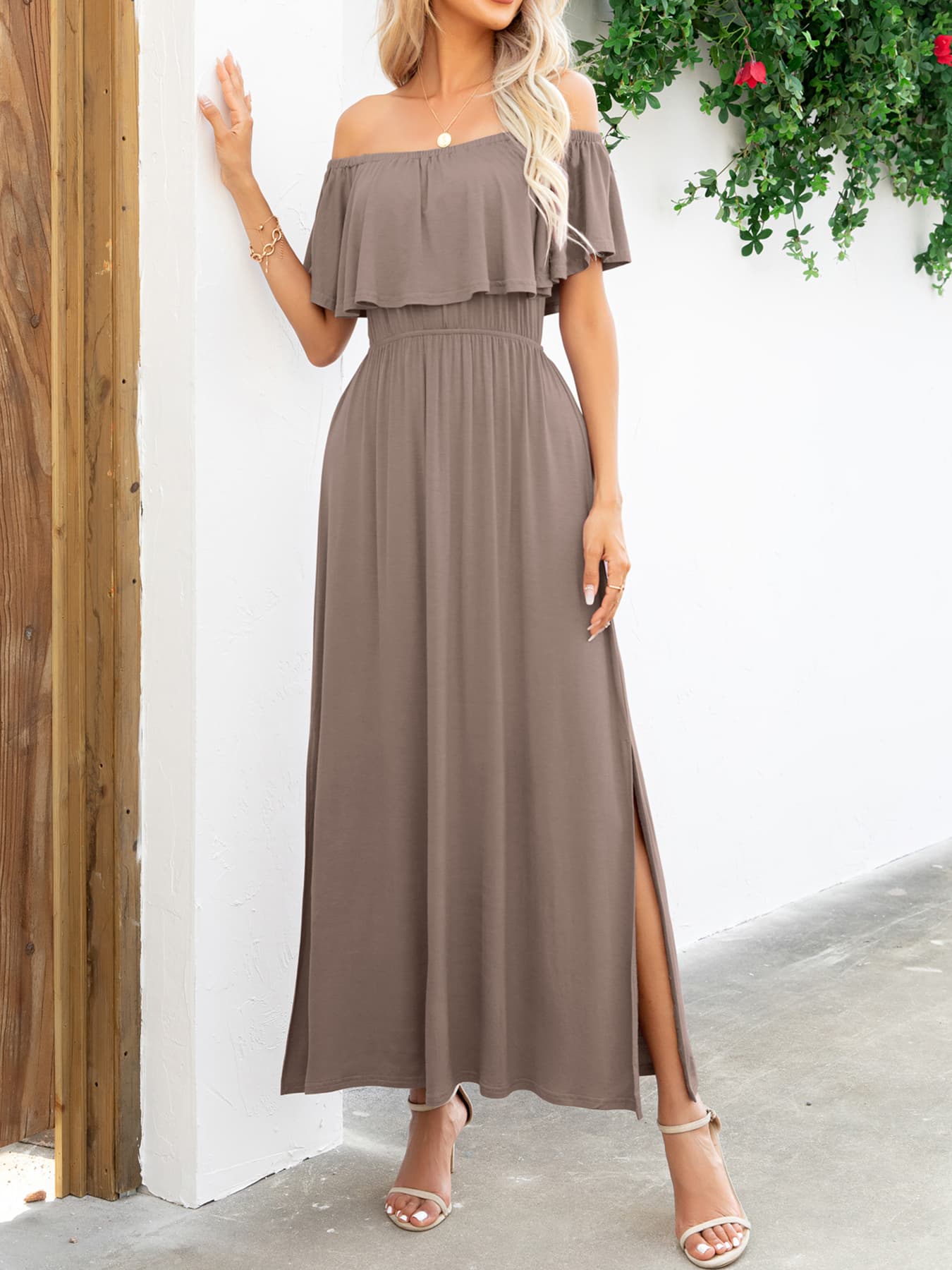 Off-Shoulder Slit Maxi Dress-Pimamour