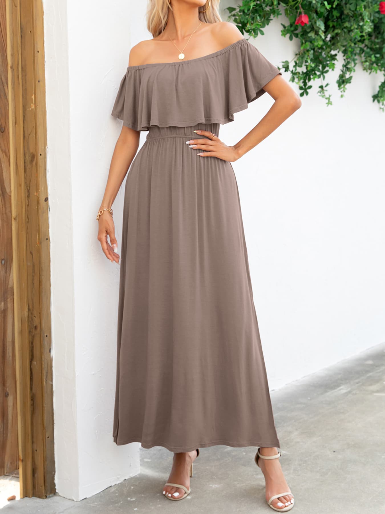 Off-Shoulder Slit Maxi Dress-Pimamour