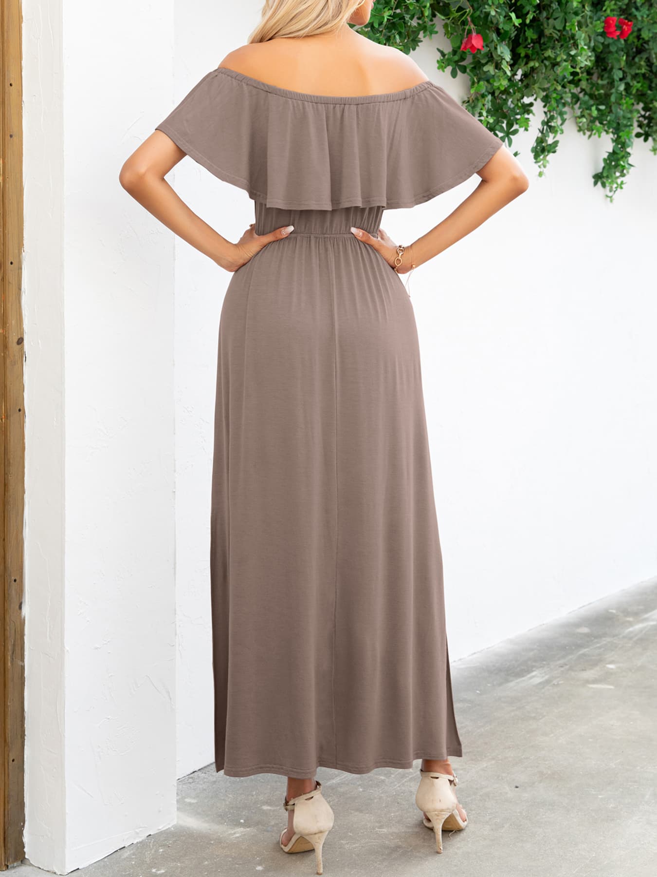 Off-Shoulder Slit Maxi Dress-Pimamour