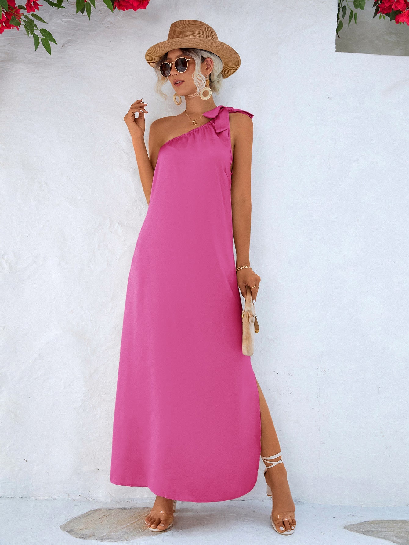 One-Shoulder Slit Maxi Dress-Pimamour