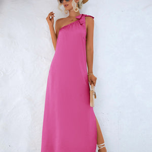 One-Shoulder Slit Maxi Dress-Pimamour