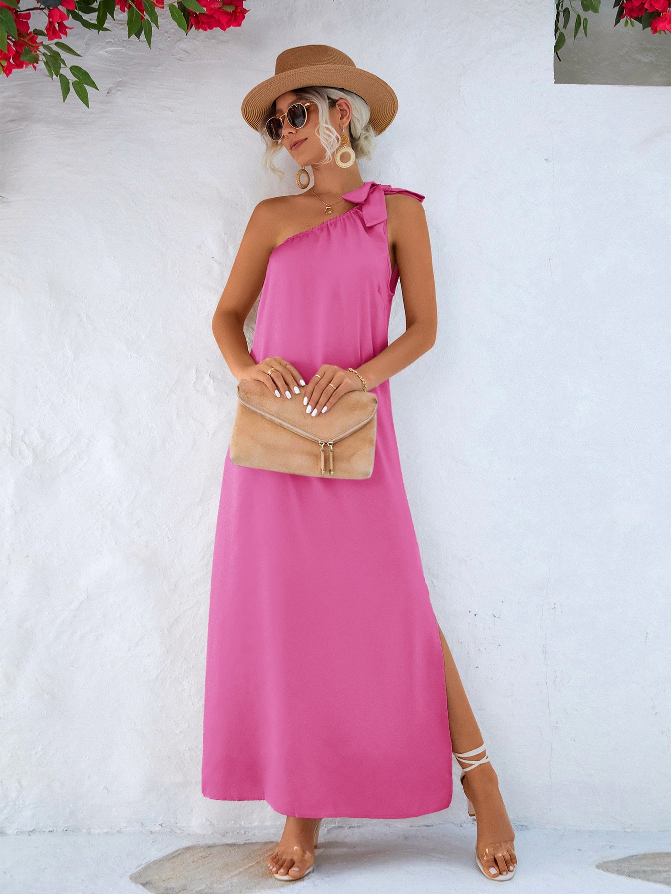 One-Shoulder Slit Maxi Dress-Pimamour