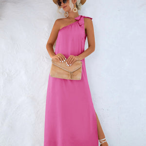 One-Shoulder Slit Maxi Dress-Pimamour