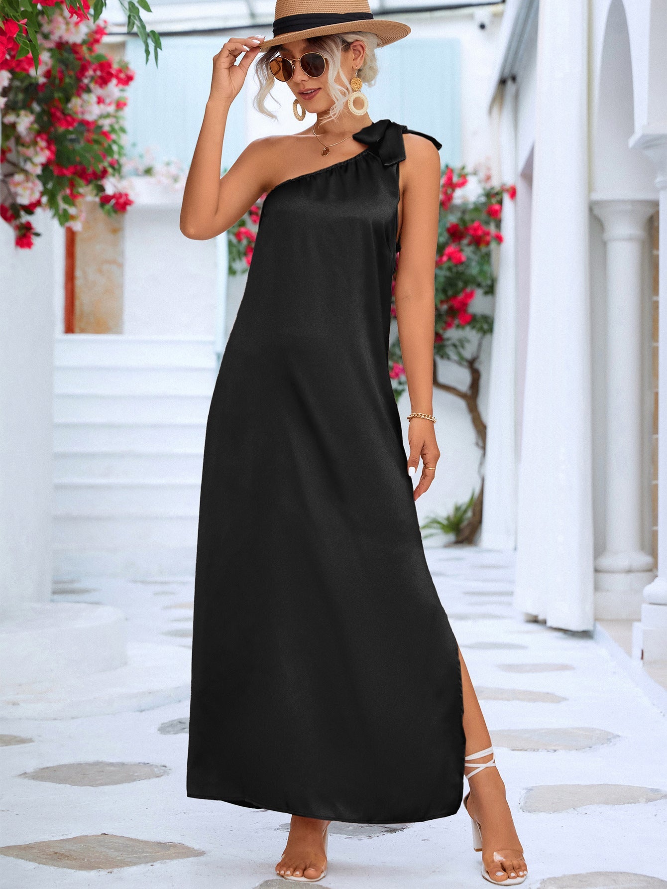 One-Shoulder Slit Maxi Dress-Pimamour