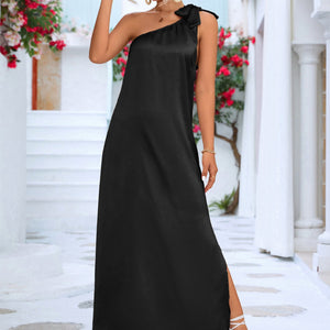 One-Shoulder Slit Maxi Dress-Pimamour