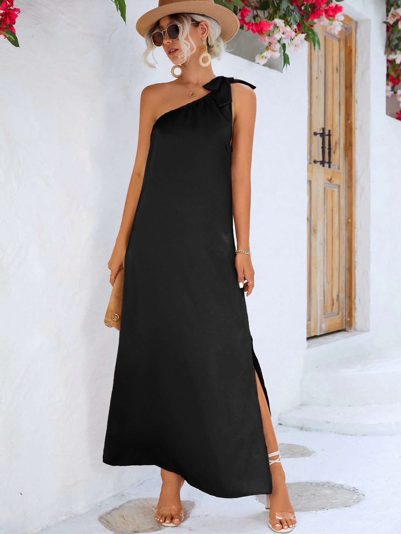 One-Shoulder Slit Maxi Dress-Pimamour