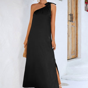 One-Shoulder Slit Maxi Dress-Pimamour