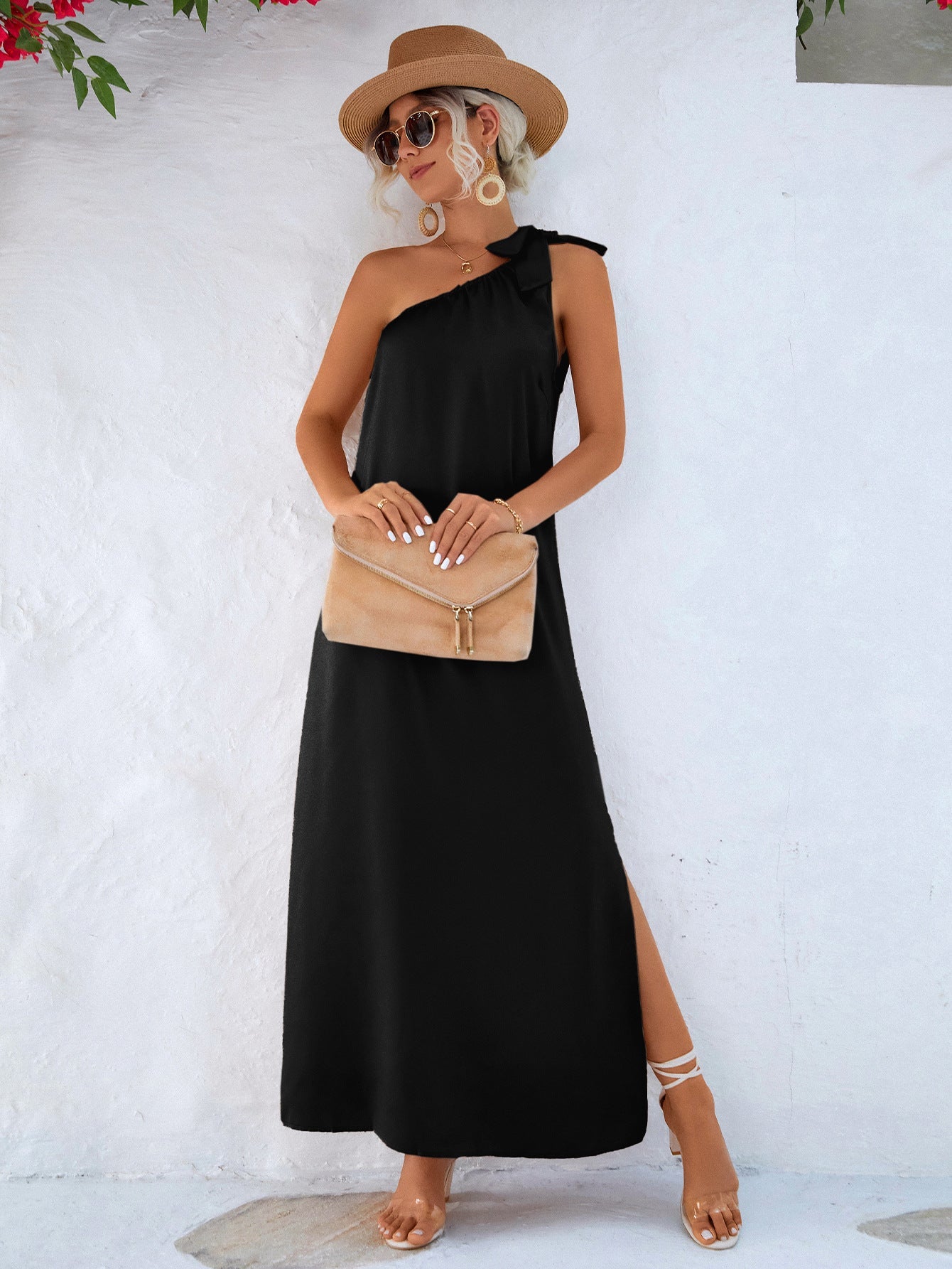 One-Shoulder Slit Maxi Dress-Pimamour