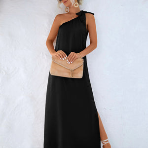 One-Shoulder Slit Maxi Dress-Pimamour