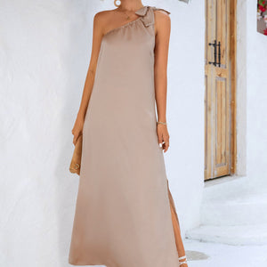 One-Shoulder Slit Maxi Dress-Pimamour