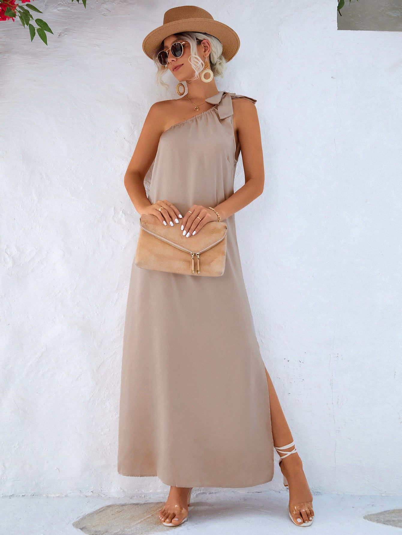 One-Shoulder Slit Maxi Dress-Pimamour