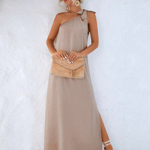 One-Shoulder Slit Maxi Dress-Pimamour