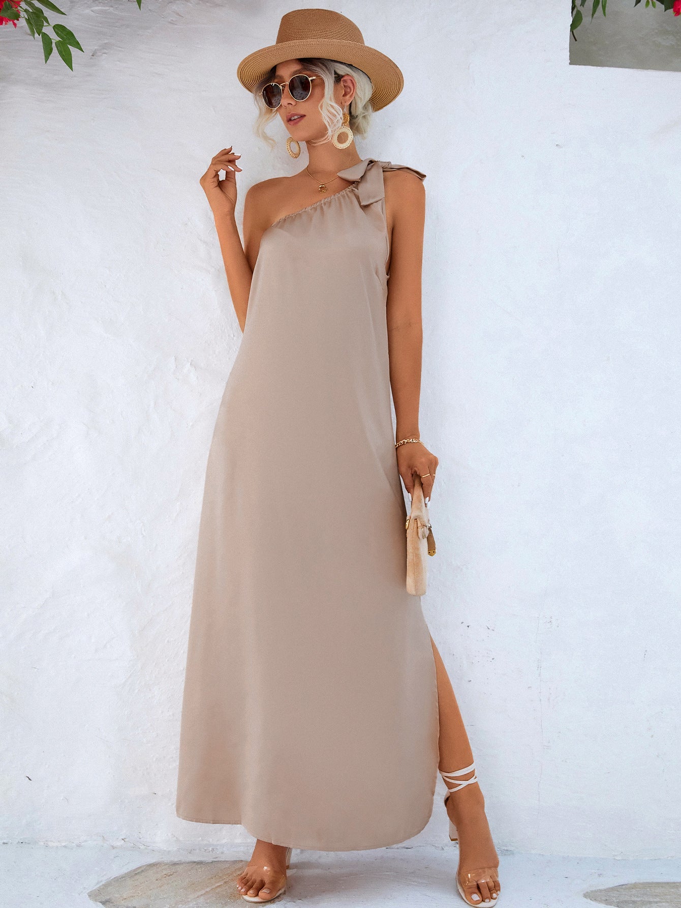 One-Shoulder Slit Maxi Dress-Pimamour