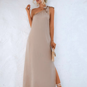 One-Shoulder Slit Maxi Dress-Pimamour