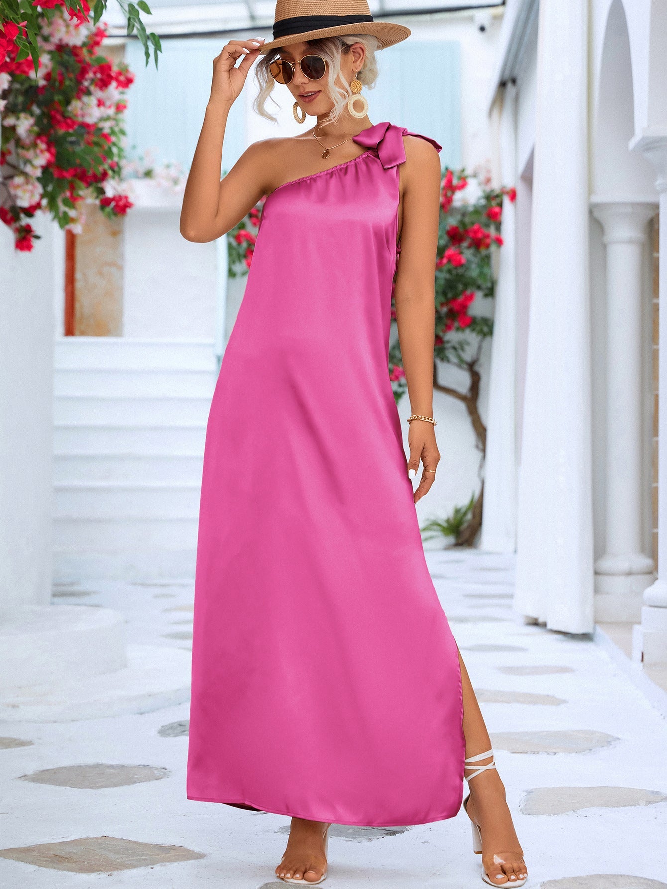 One-Shoulder Slit Maxi Dress-Pimamour