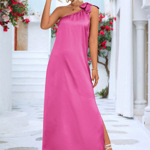 One-Shoulder Slit Maxi Dress-Pimamour