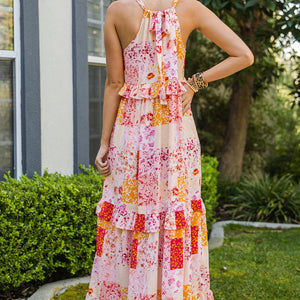 Patchwork Grecian Neck Ruffled Maxi Dress-Pimamour