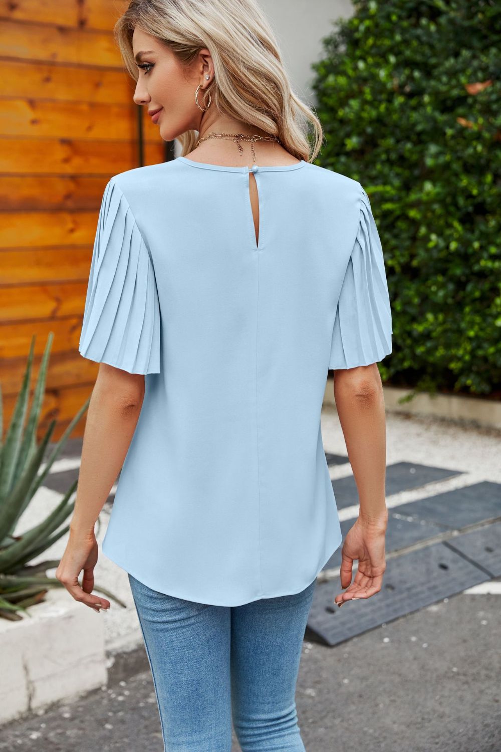 Pleated Flutter Sleeve Round Neck Blouse-Pimamour