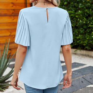 Pleated Flutter Sleeve Round Neck Blouse-Pimamour