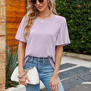 Pleated Flutter Sleeve Round Neck Blouse-Pimamour