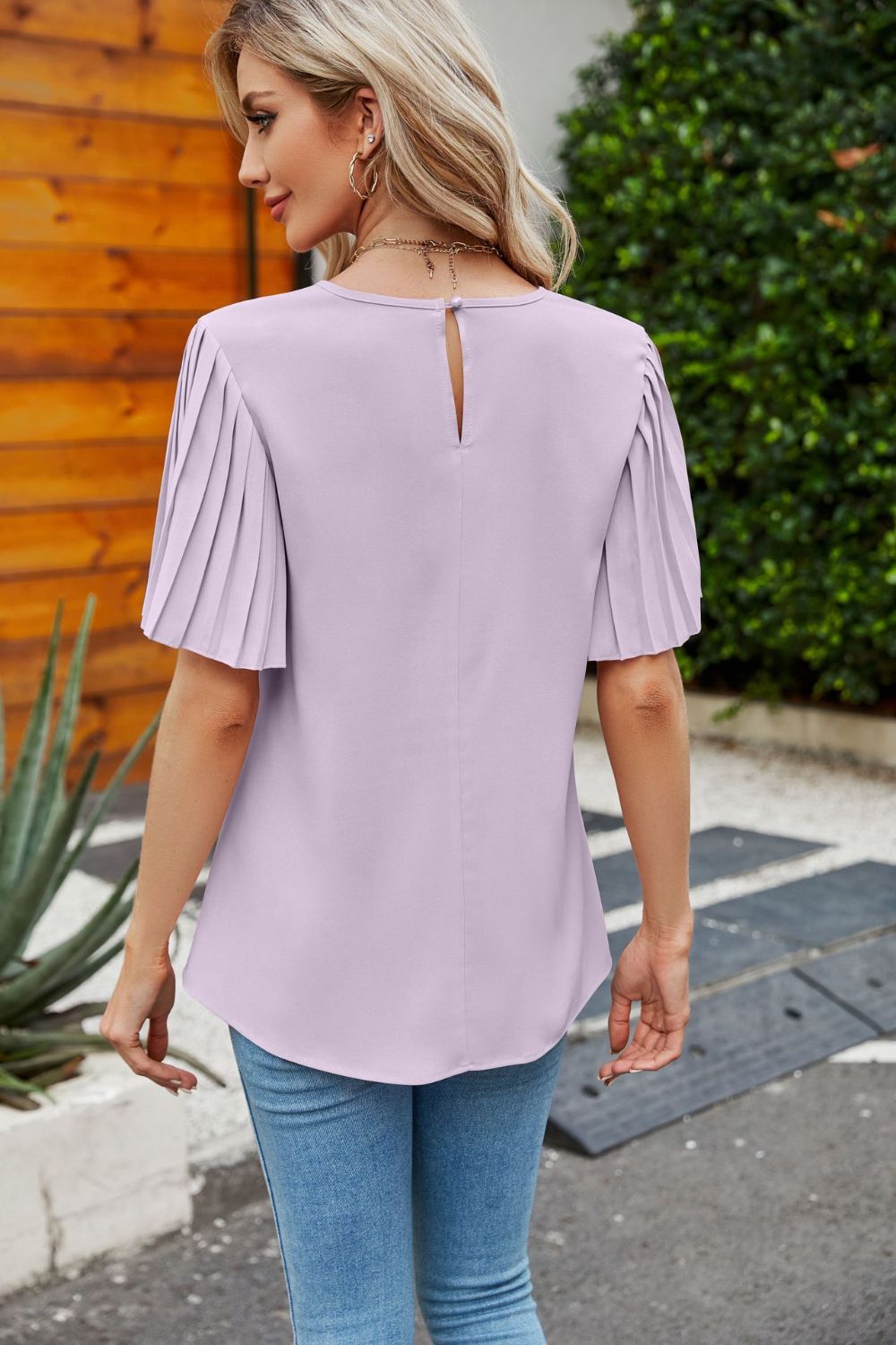 Pleated Flutter Sleeve Round Neck Blouse-Pimamour