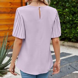 Pleated Flutter Sleeve Round Neck Blouse-Pimamour