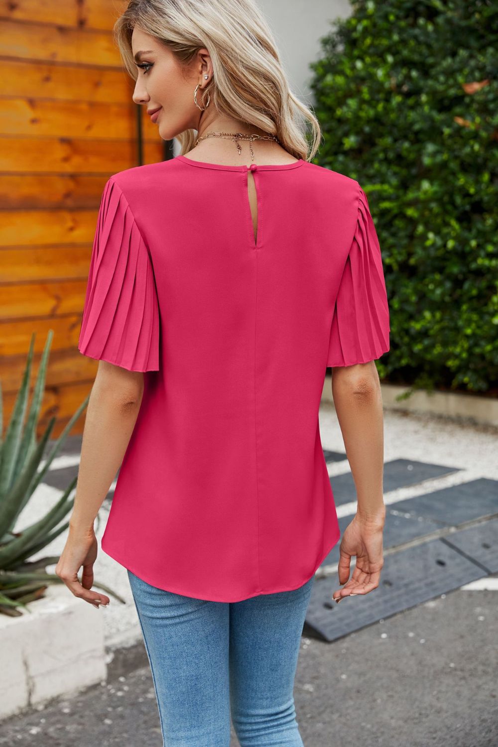 Pleated Flutter Sleeve Round Neck Blouse-Pimamour