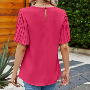 Pleated Flutter Sleeve Round Neck Blouse-Pimamour