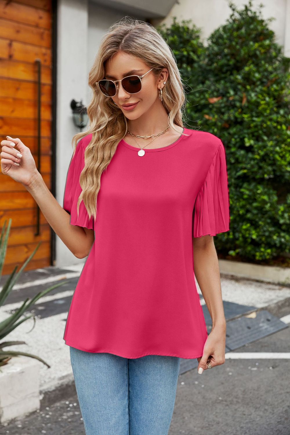 Pleated Flutter Sleeve Round Neck Blouse-Pimamour