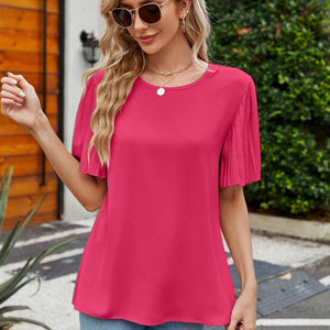 Pleated Flutter Sleeve Round Neck Blouse-Pimamour