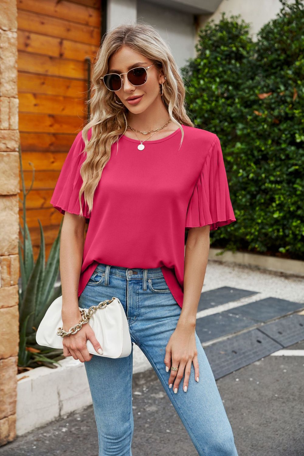 Pleated Flutter Sleeve Round Neck Blouse-Pimamour