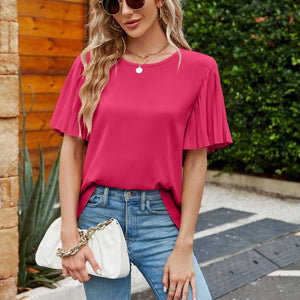 Pleated Flutter Sleeve Round Neck Blouse-Pimamour