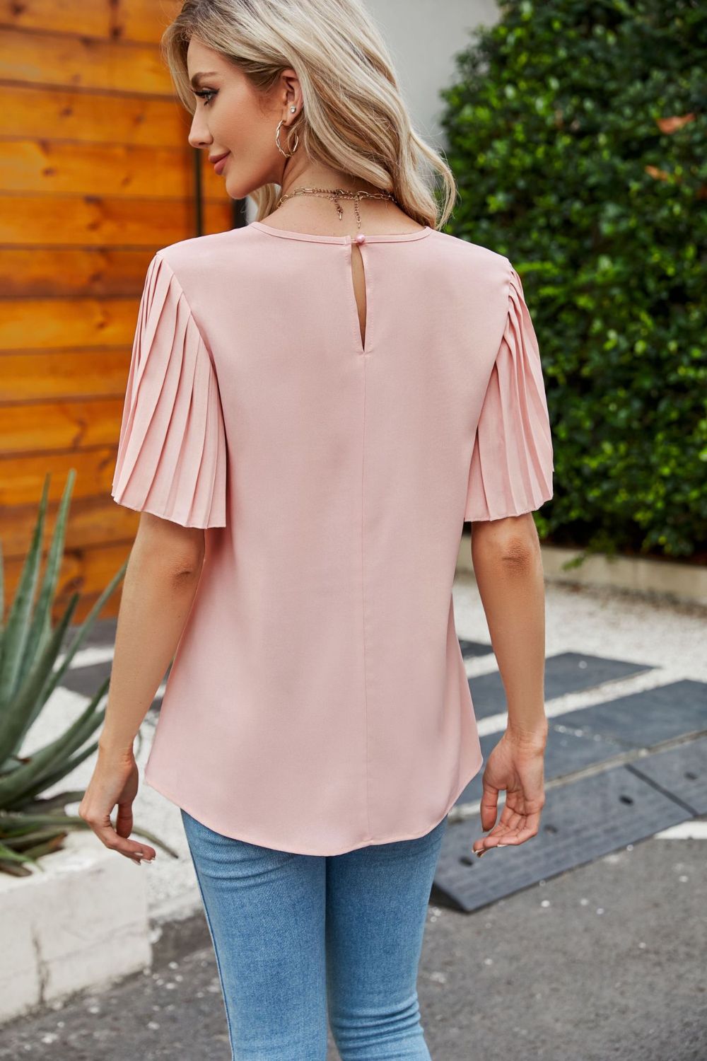 Pleated Flutter Sleeve Round Neck Blouse-Pimamour