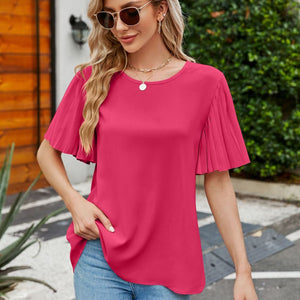 Pleated Flutter Sleeve Round Neck Blouse-Pimamour