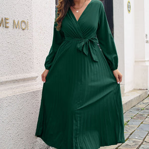 Pleated Long Sleeve Surplice Maxi Dress-Pimamour