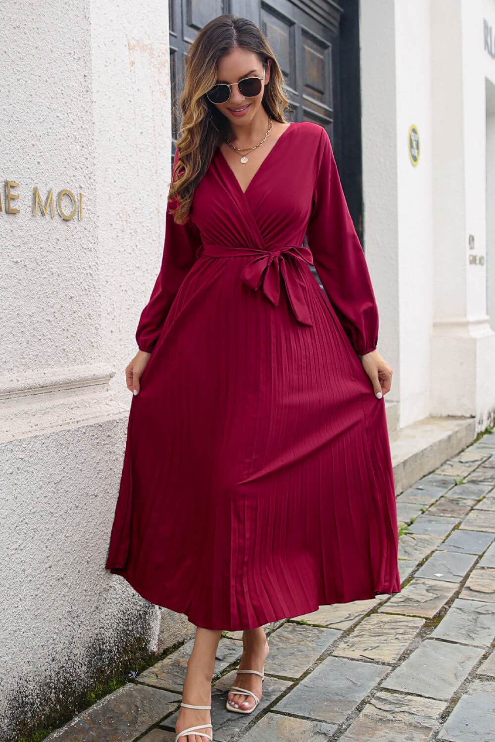 Pleated Long Sleeve Surplice Maxi Dress-Pimamour