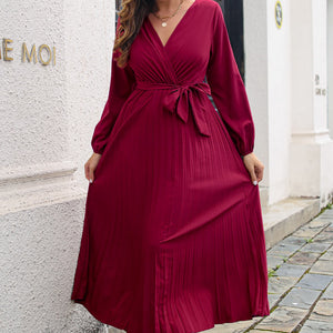 Pleated Long Sleeve Surplice Maxi Dress-Pimamour