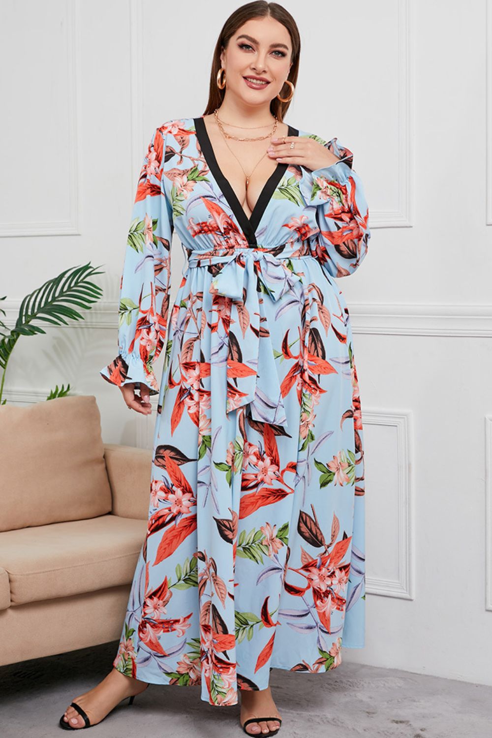 Plus Size Belted Surplice Flounce Sleeve Maxi Dress-Pimamour