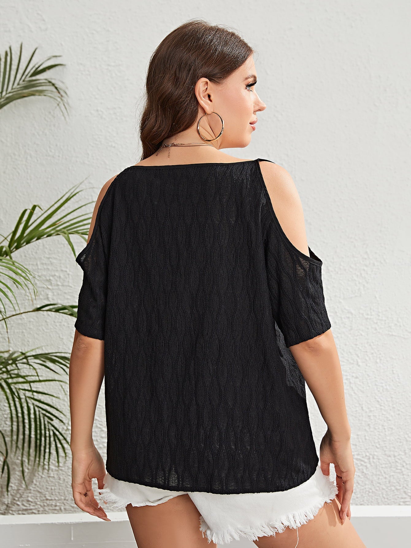 Plus Size Boat Neck Cold-Shoulder Blouse-Pimamour