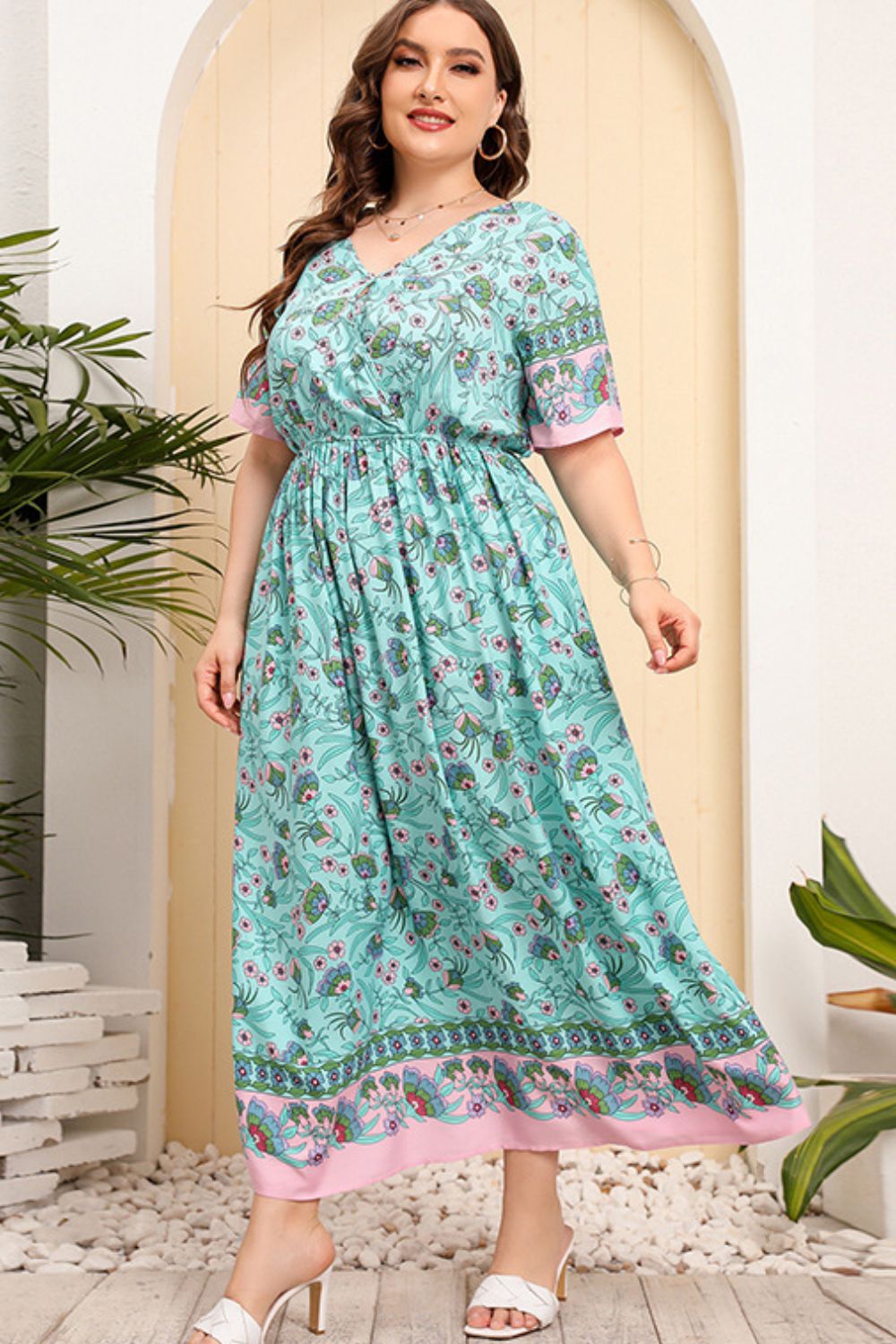 Plus Size Bohemian V-Neck Short Sleeve Maxi Dress-Pimamour