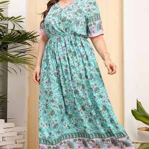 Plus Size Bohemian V-Neck Short Sleeve Maxi Dress-Pimamour