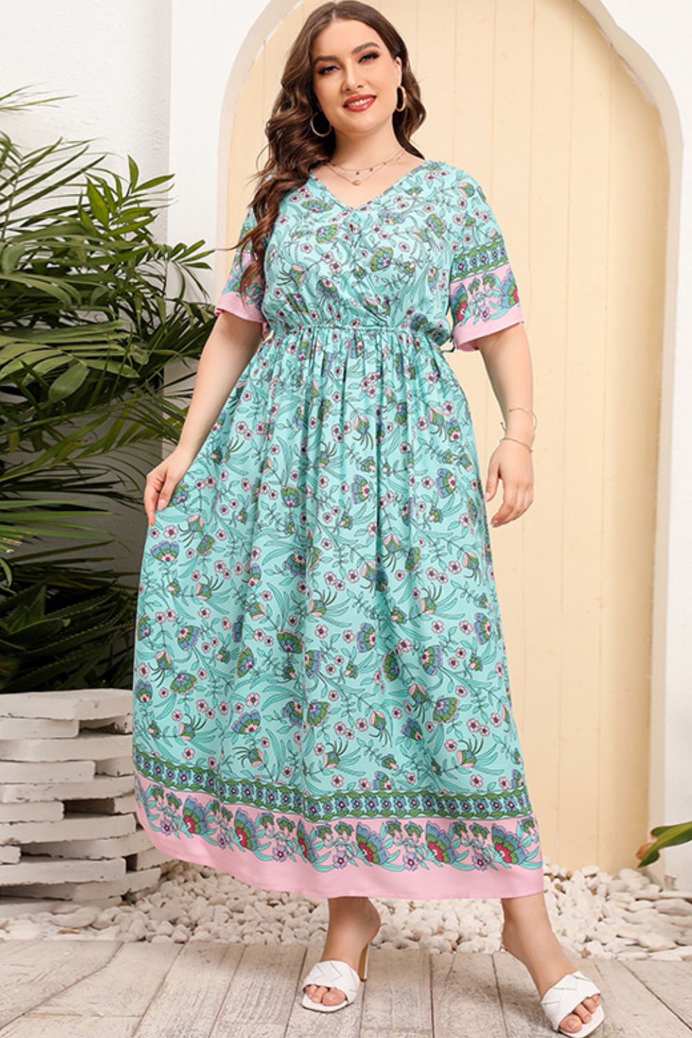 Plus Size Bohemian V-Neck Short Sleeve Maxi Dress-Pimamour