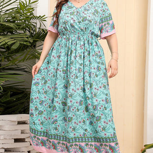 Plus Size Bohemian V-Neck Short Sleeve Maxi Dress-Pimamour