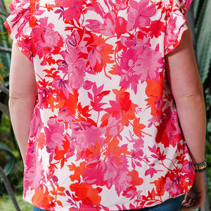 Plus Size Floral Flutter Sleeve Round Neck Blouse-Pimamour